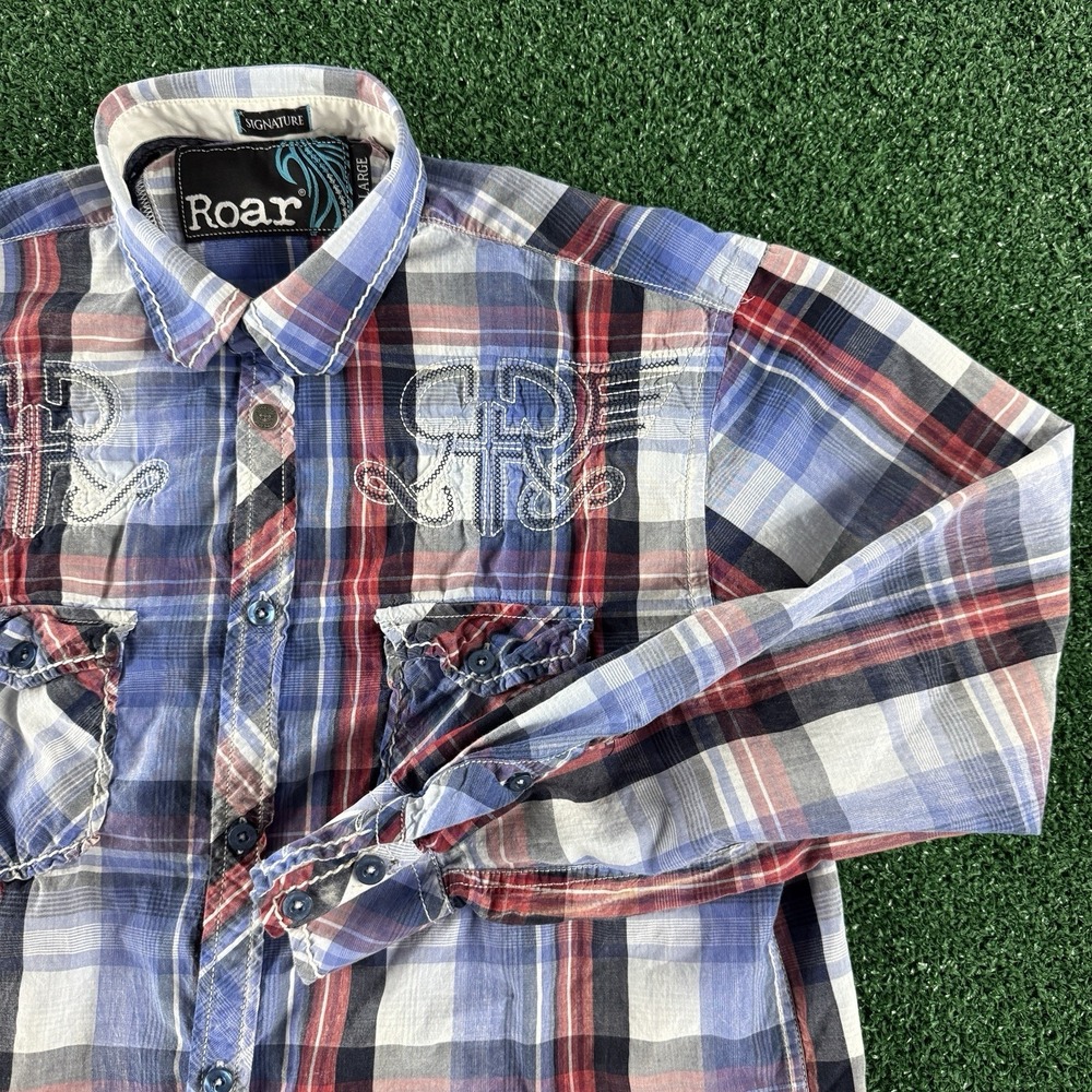 Roar Men's Long Sleeve Button Shirt Size XL Blue Plaid Embroidered